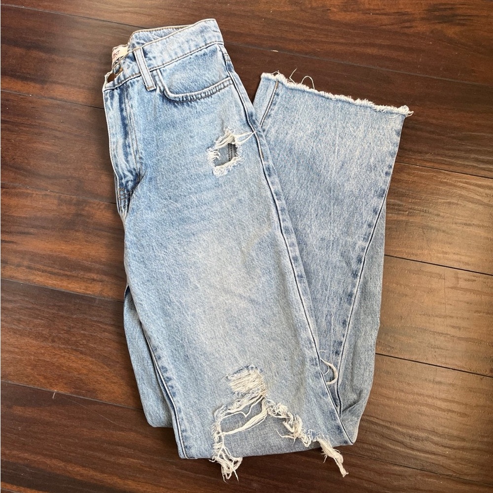 Vibrant Light Blue Distressed Straight Leg Jeans